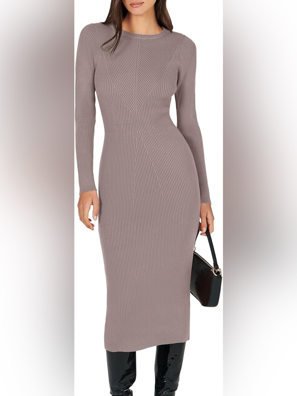 Long-Sleeve Ribbed Maxi Dress in Taupe